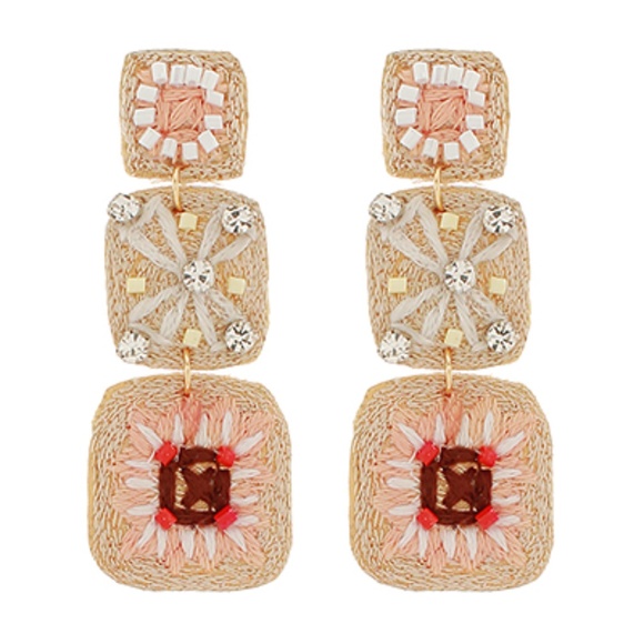 Embroidered Square 3 Drop Earrings - Picture 1 of 3